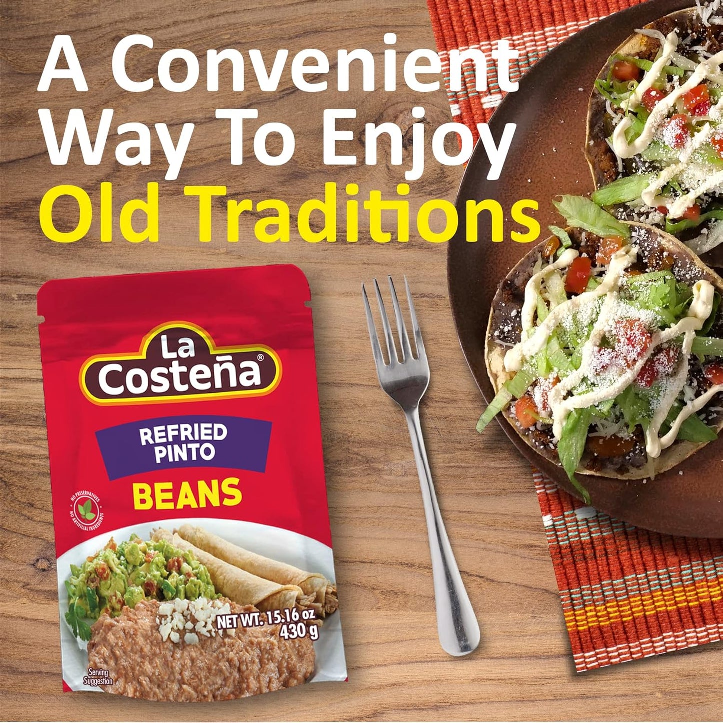 La Costeña Refried Pinto Beans, 15.16 Oz Microwaveable Pouch (Pack of 8)