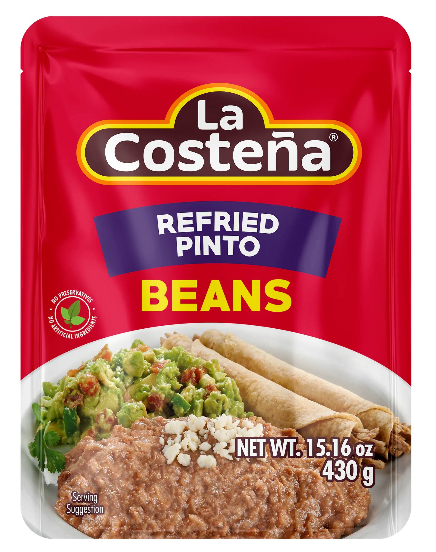 La Costeña Refried Pinto Beans, 15.16 Oz Microwaveable Pouch (Pack of 8)