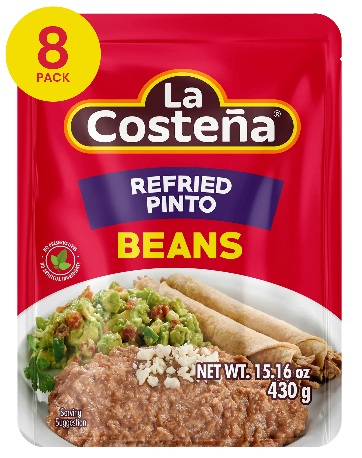 Beans - La Costeña Refried Pinto Beans, 15.16 Oz Microwaveable Pouch (Pack of 8)